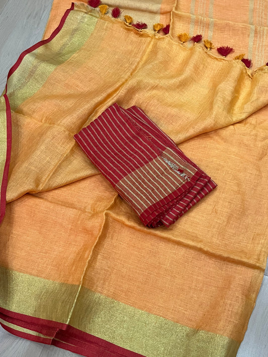 Yellow Handwoven organic Linen Saree | Gold Zari border| KIHUMS Saree