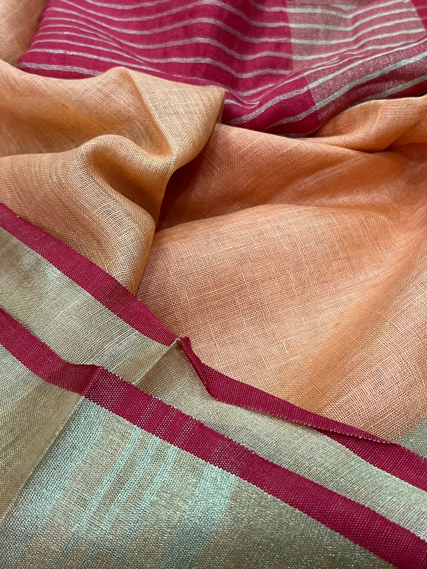 Yellow Handwoven organic Linen Saree | Gold Zari border| KIHUMS Saree