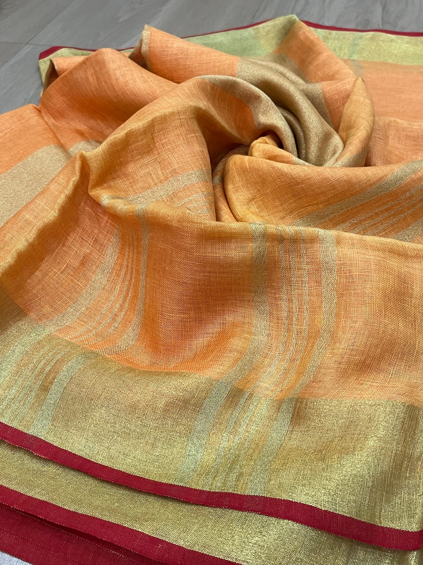 Yellow Handwoven organic Linen Saree | Gold Zari border| KIHUMS Saree