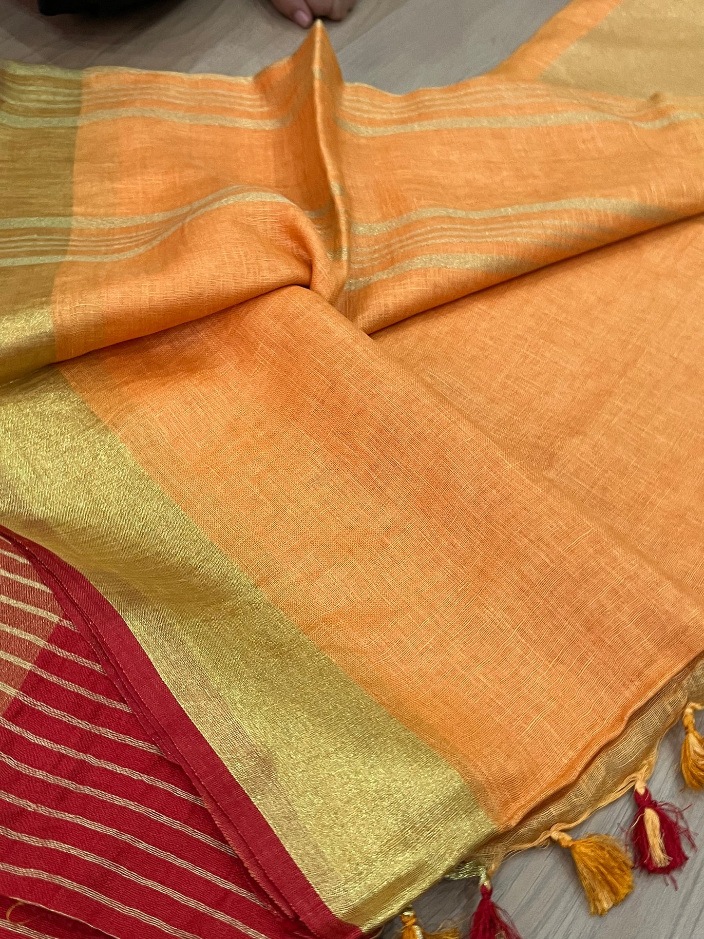 Yellow Handwoven organic Linen Saree | Gold Zari border| KIHUMS Saree