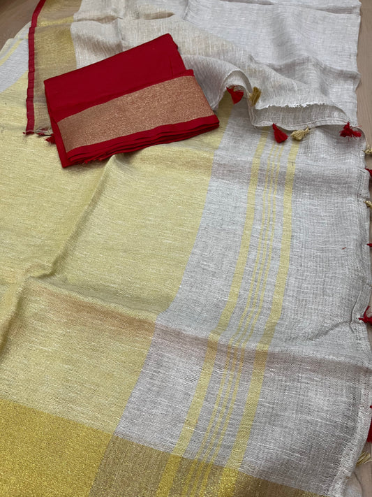 Off White Handwoven organic Linen Saree | Gold Zari border| KIHUMS Saree