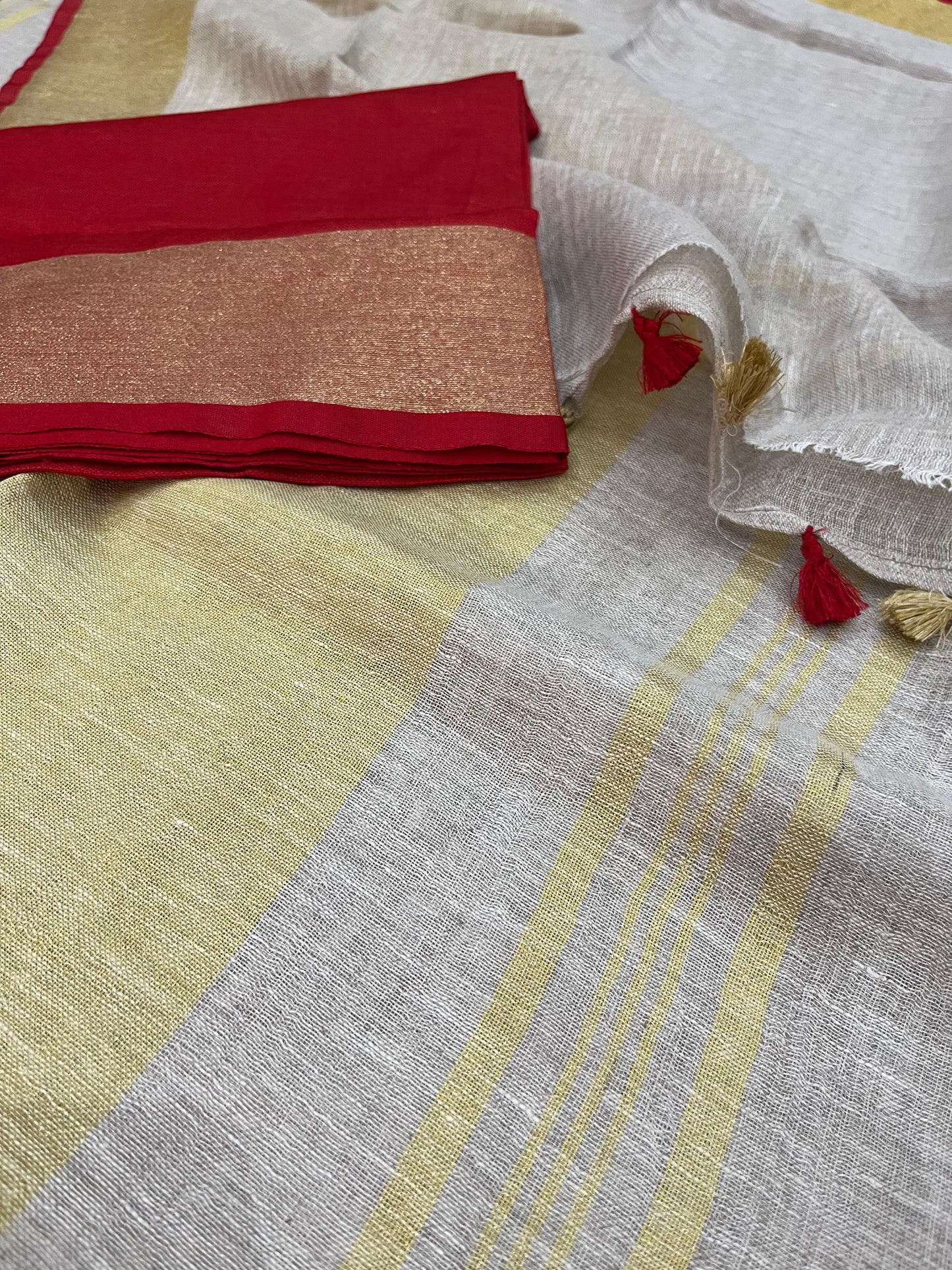 Off White Handwoven organic Linen Saree | Gold Zari border| KIHUMS Saree