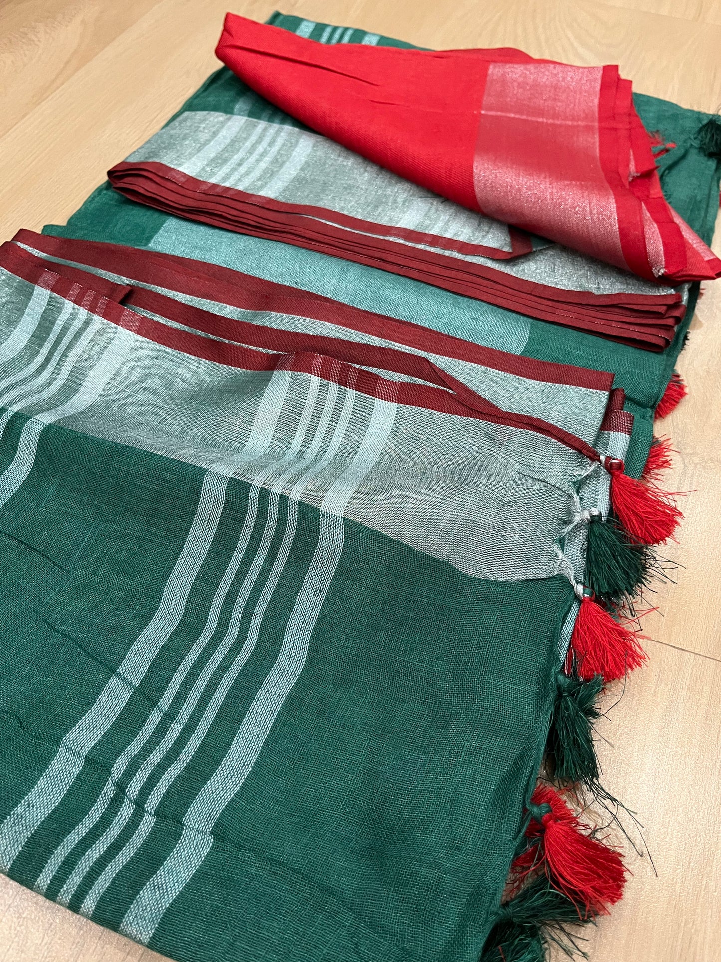 Green Handwoven organic Linen Saree | Silver Zari border| KIHUMS Saree