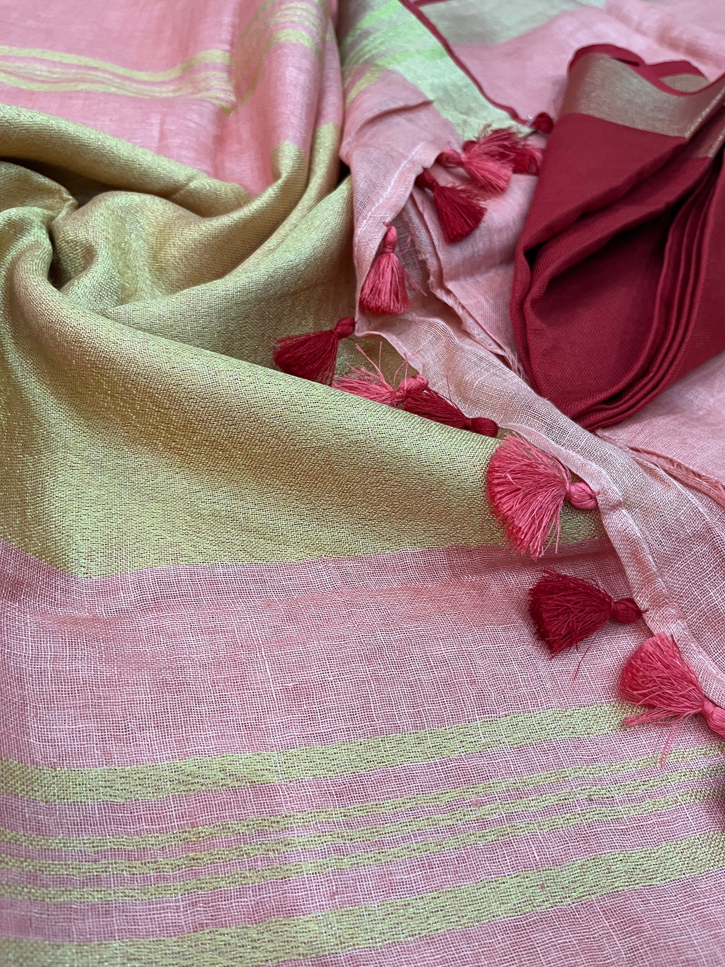 Blush Pink Handwoven organic Linen Saree | Gold Zari border| KIHUMS Saree