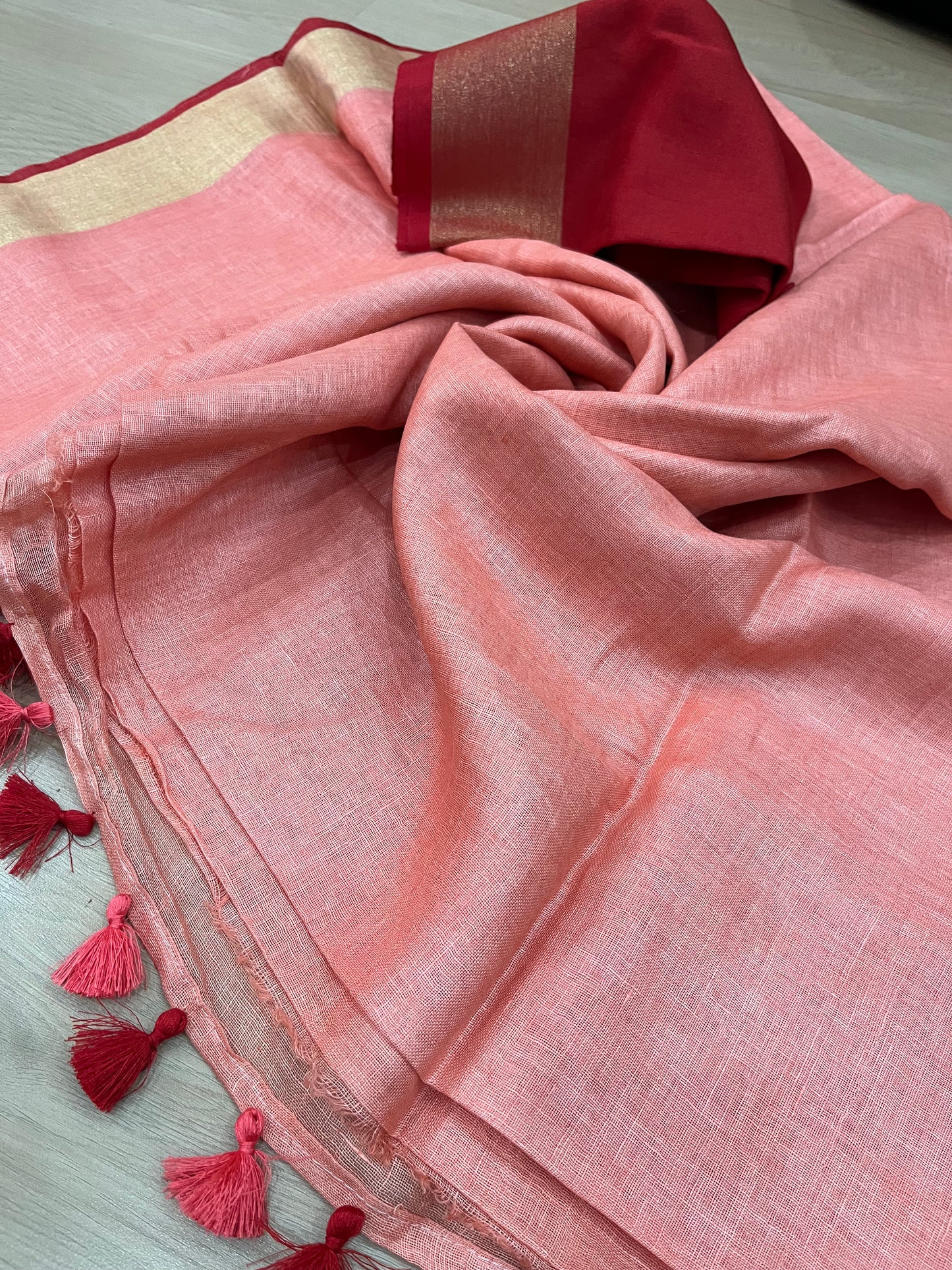 Blush Pink Handwoven organic Linen Saree | Gold Zari border| KIHUMS Saree