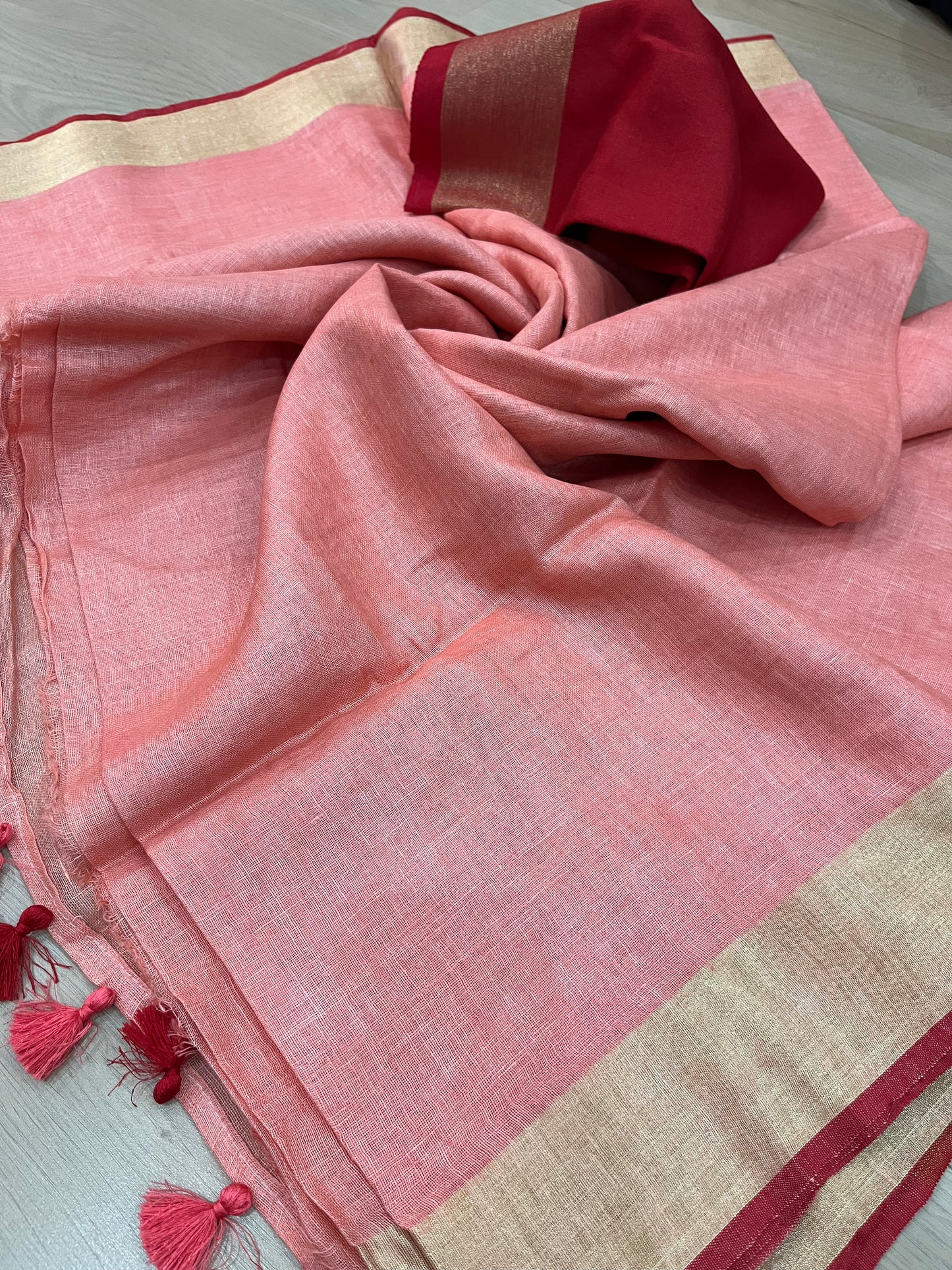 Blush Pink Handwoven organic Linen Saree | Gold Zari border| KIHUMS Saree