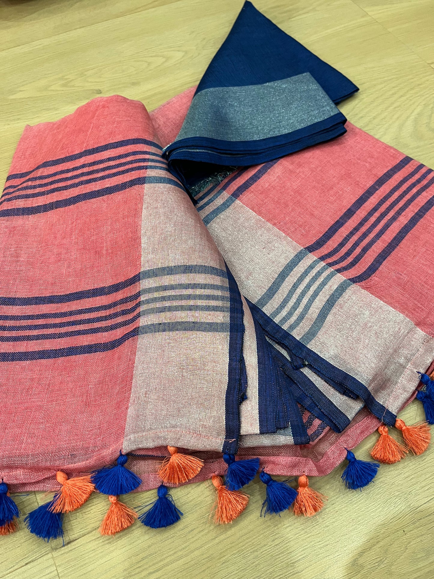 Pink Handwoven organic Linen Saree | Silver Zari border| KIHUMS Saree