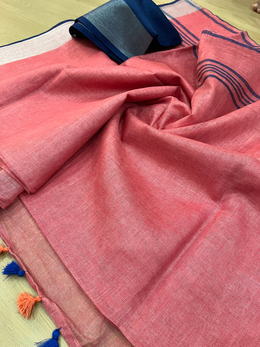 Pink Handwoven organic Linen Saree | Silver Zari border| KIHUMS Saree