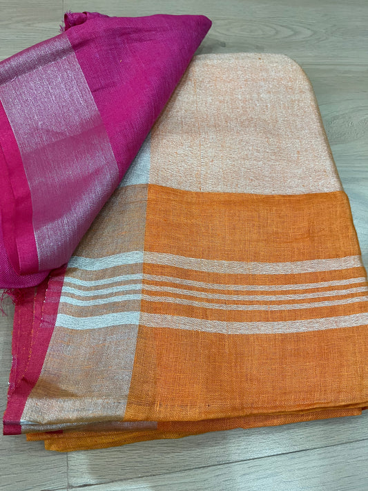 Orange Handwoven organic Linen Saree | Silver Zari border| KIHUMS Saree