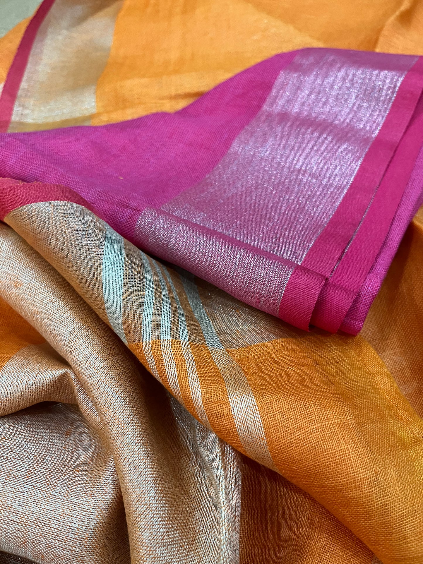 Orange Handwoven organic Linen Saree | Silver Zari border| KIHUMS Saree