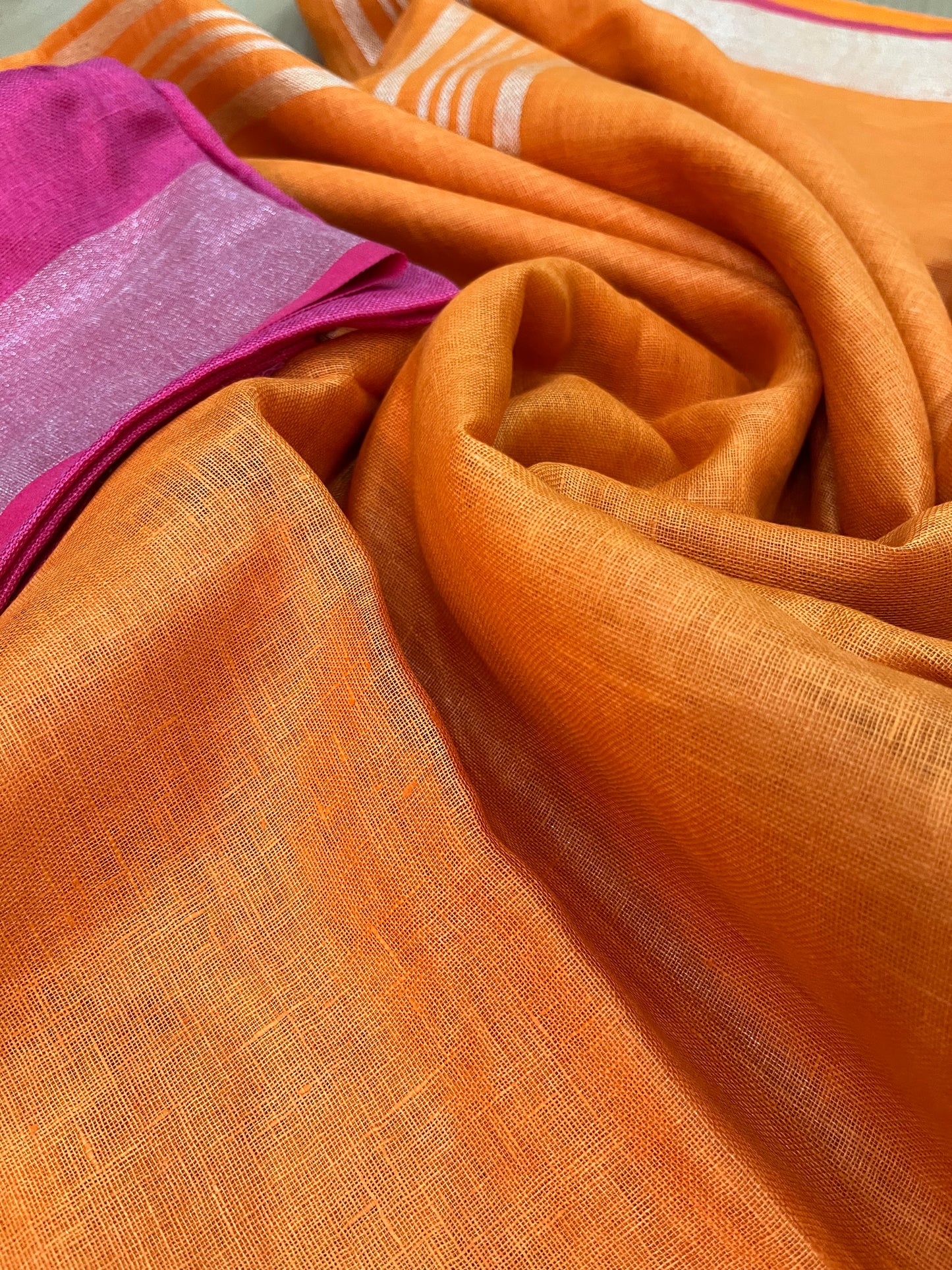 Orange Handwoven organic Linen Saree | Silver Zari border| KIHUMS Saree
