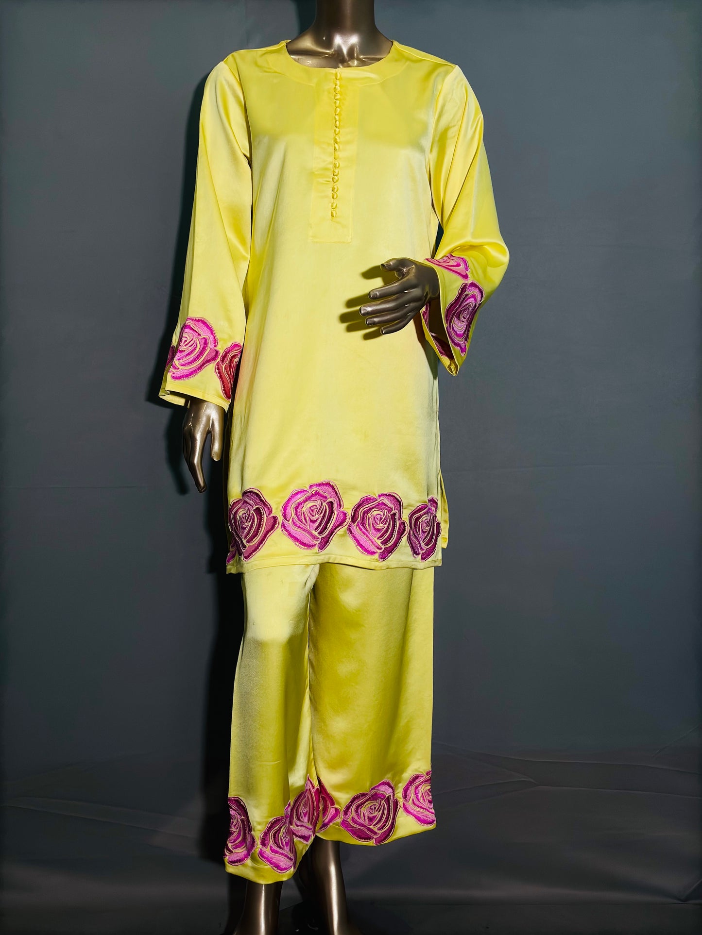 Soft Yellow Italian Silk Pakistani Kurta Set with hand embroidery work