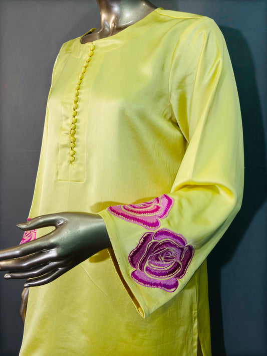 Soft Yellow Italian Silk Pakistani Kurta Set with hand embroidery work