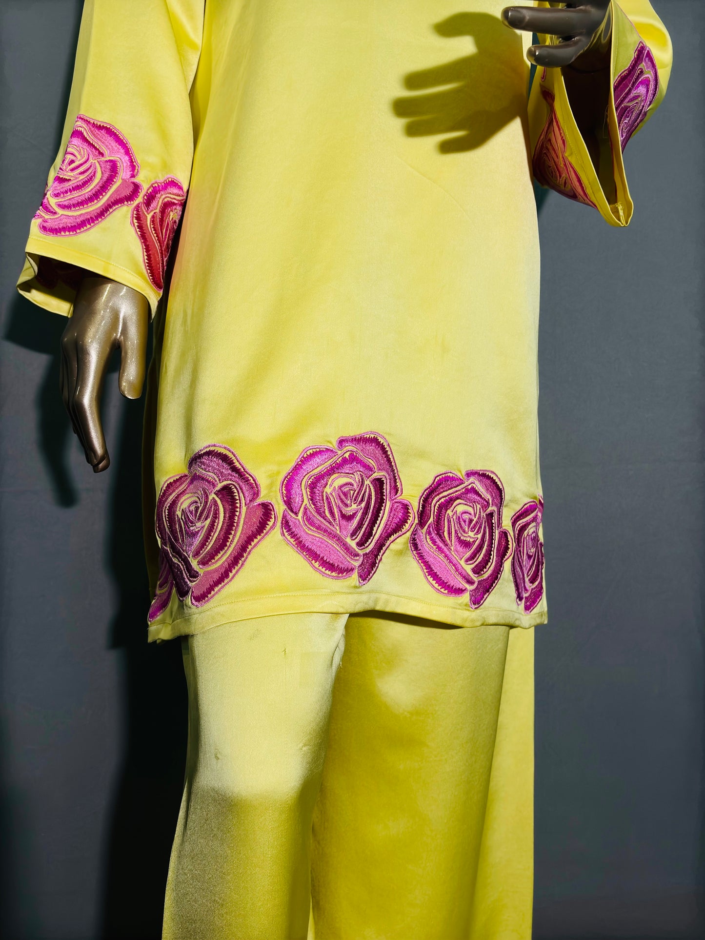 Soft Yellow Italian Silk Pakistani Kurta Set with hand embroidery work