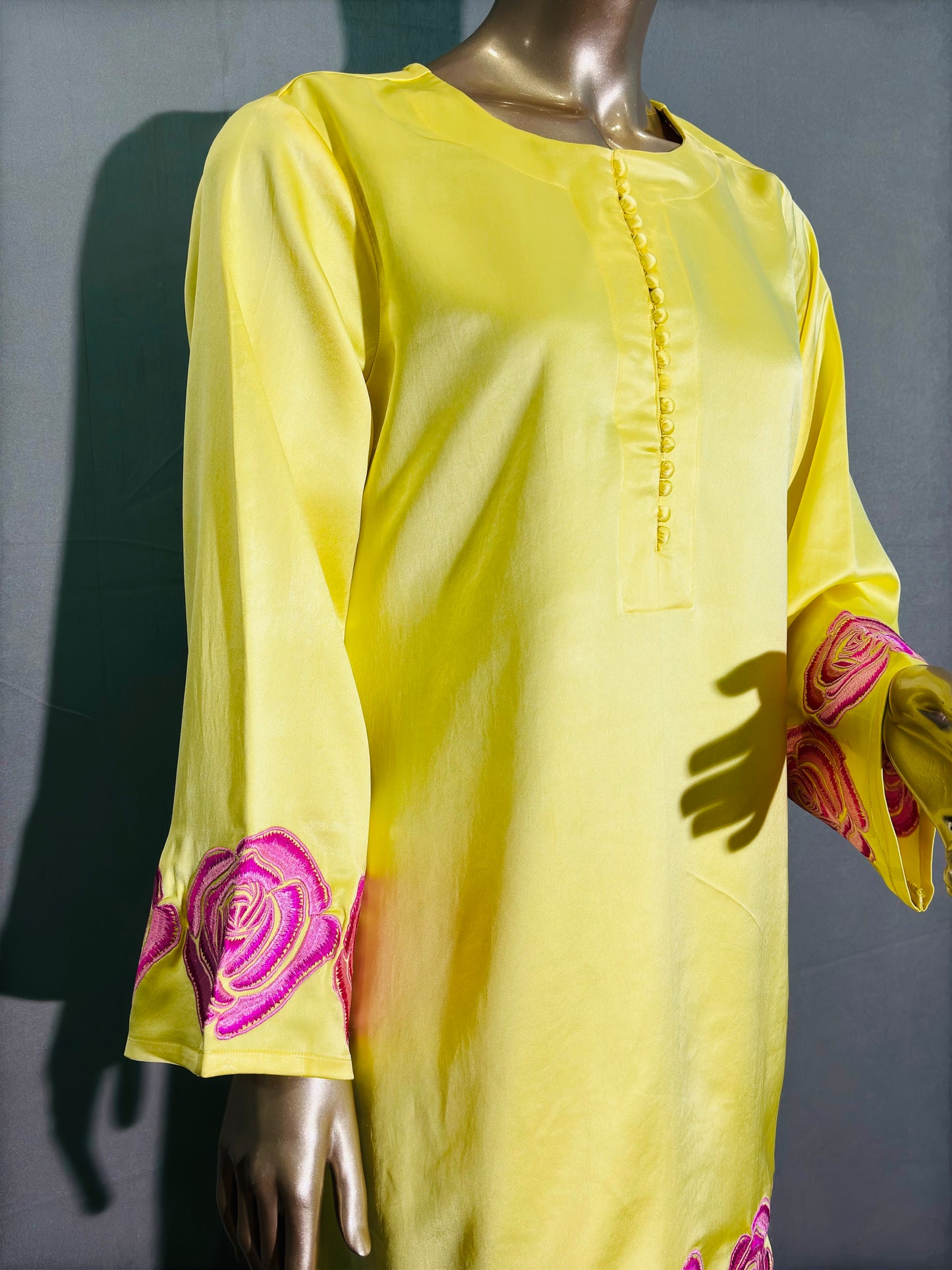 Soft Yellow Italian Silk Pakistani Kurta Set with hand embroidery work