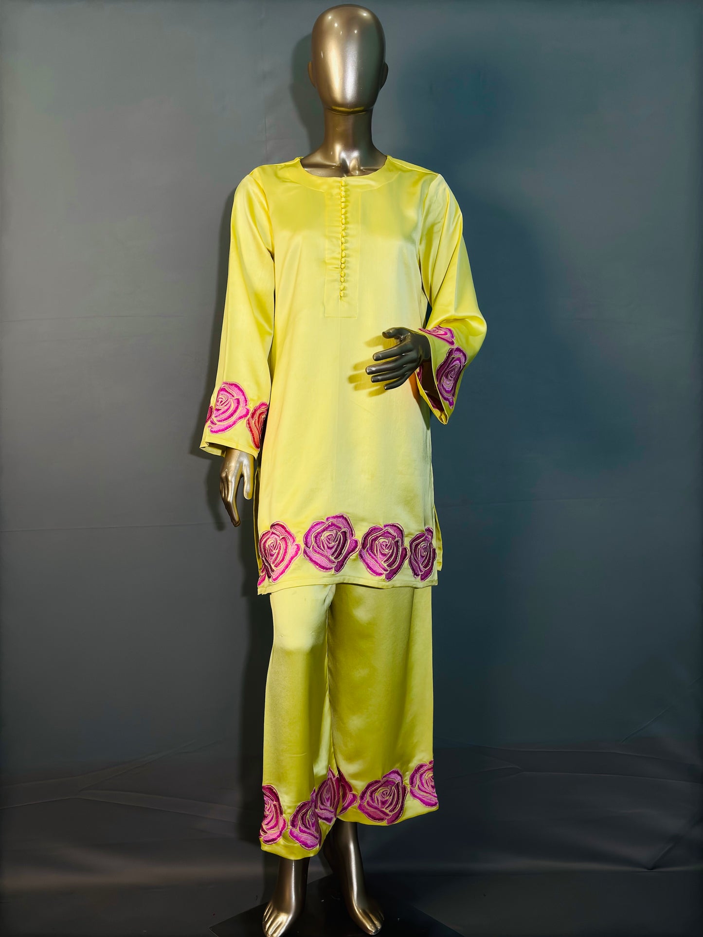 Soft Yellow Italian Silk Pakistani Kurta Set with hand embroidery work