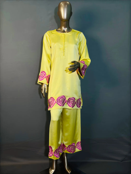 Soft Yellow Italian Silk Pakistani Kurta Set with hand embroidery work kihums clothing