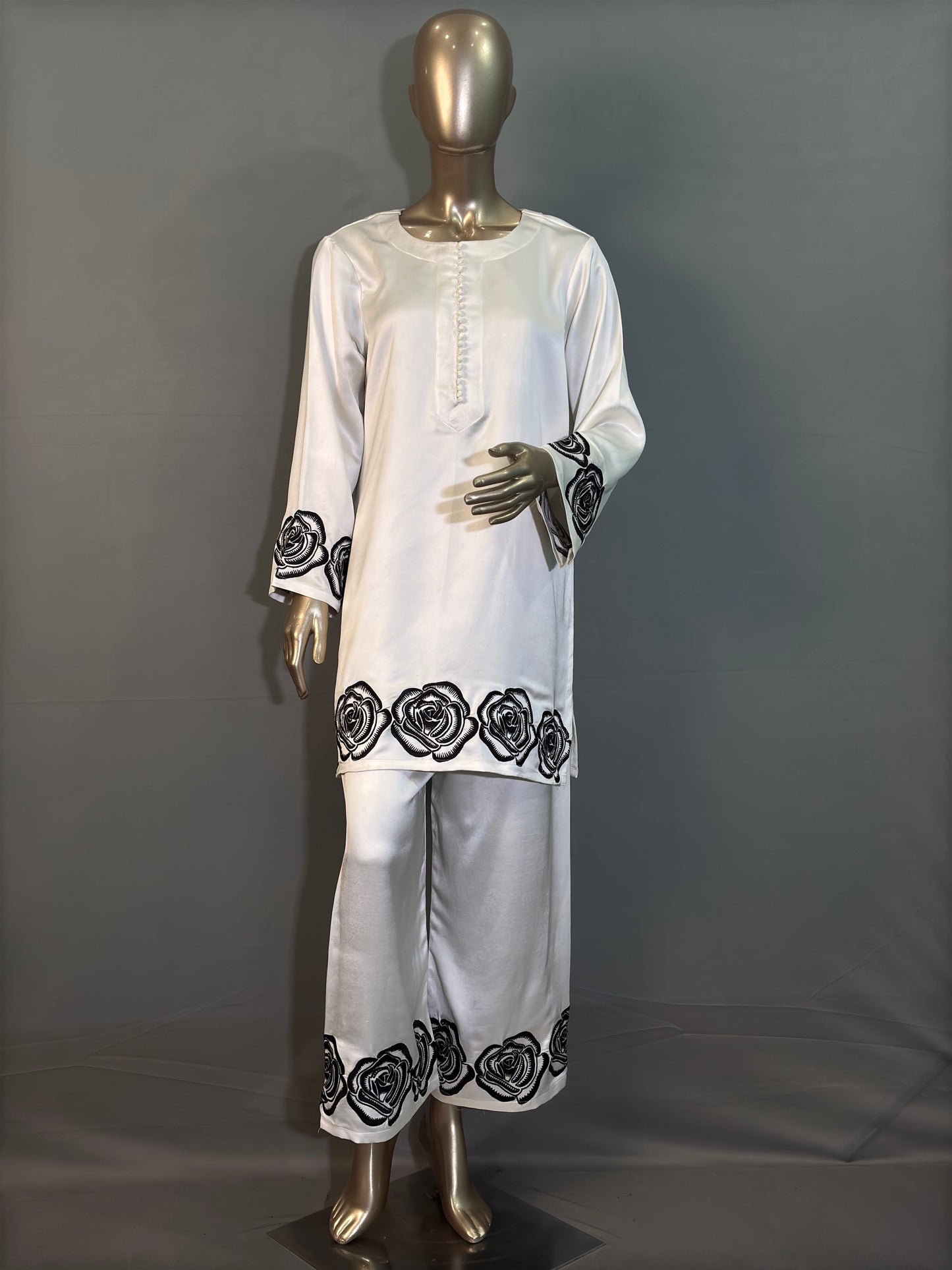 White Italian Silk Pakistani Kurta Set with hand embroidery work