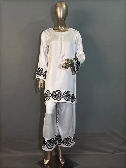 White Italian Silk Pakistani Kurta Set with hand embroidery work kihums clothing