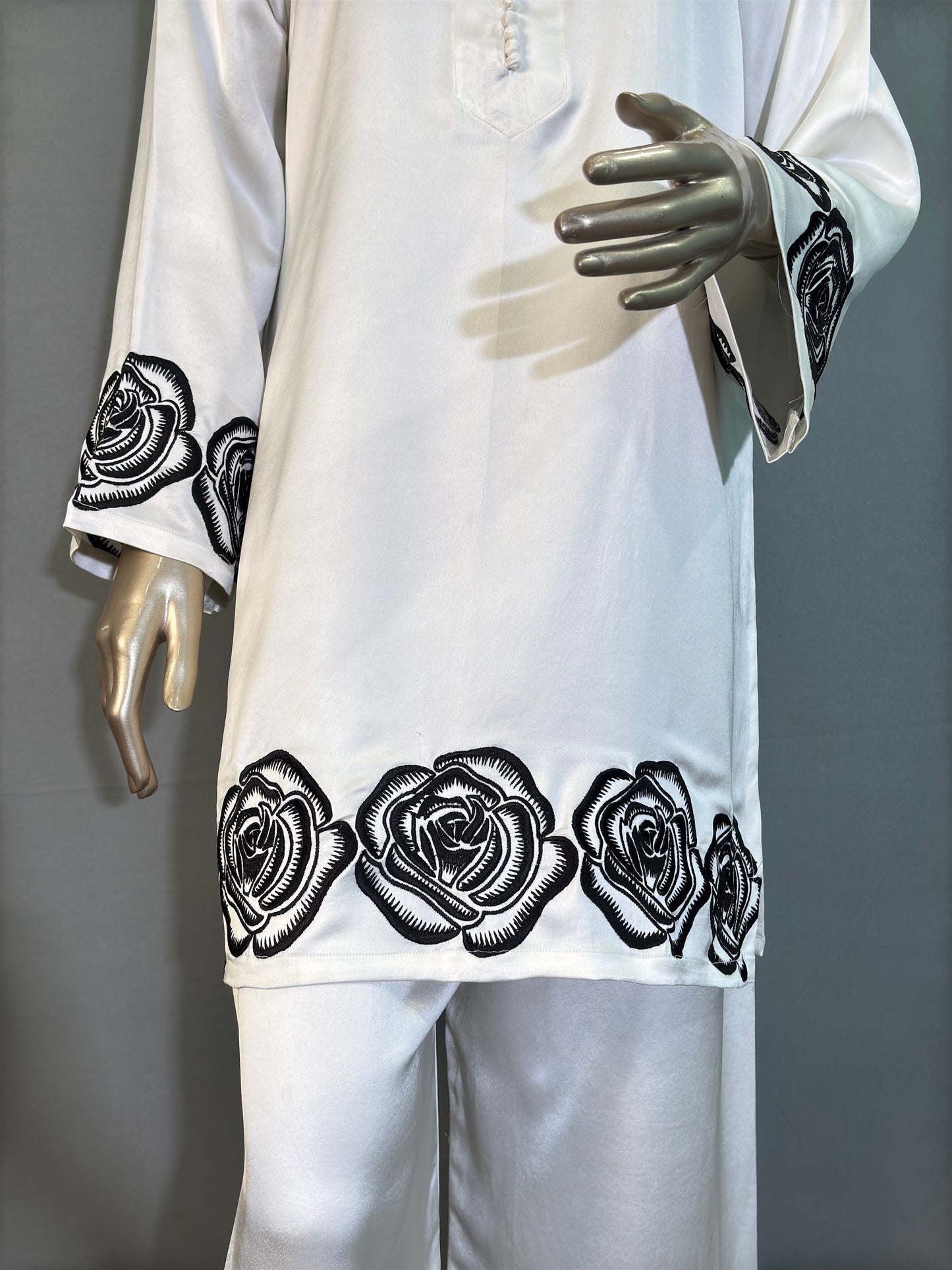 White Italian Silk Pakistani Kurta Set with hand embroidery work