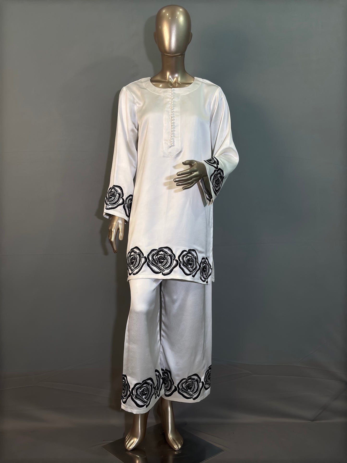 White Italian Silk Pakistani Kurta Set with hand embroidery work