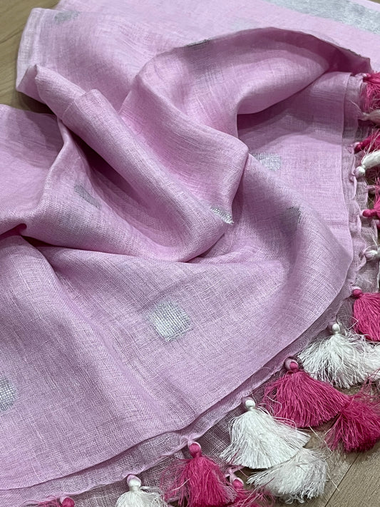 LINEN DUPATTA: Pink Linen Dupatta with zari motif & silver zari border with Tassels | KIHUMS Dupatta