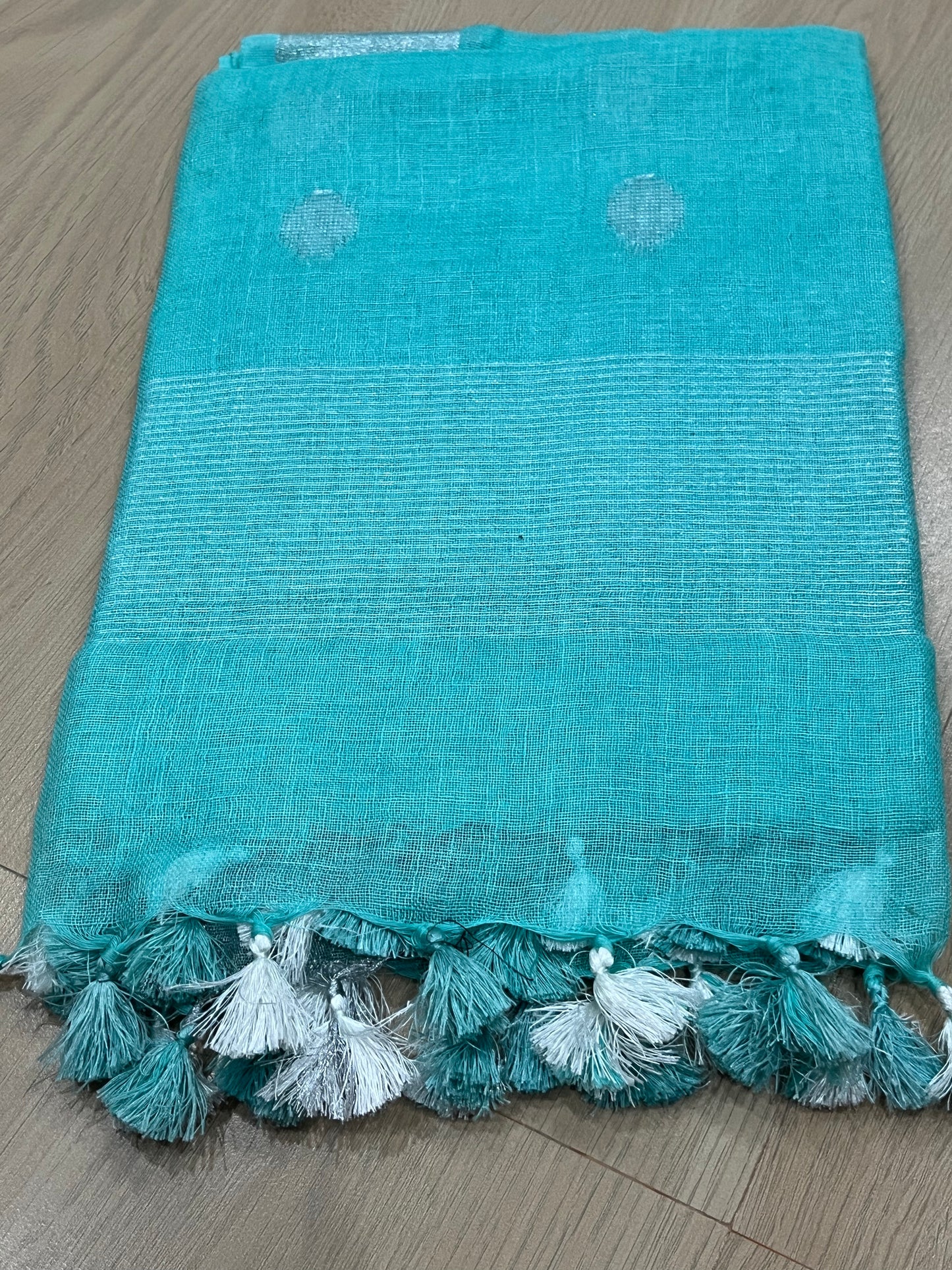 LINEN DUPATTA: Turquoise Linen Dupatta with zari motif & silver zari border with Tassels | KIHUMS Dupatta