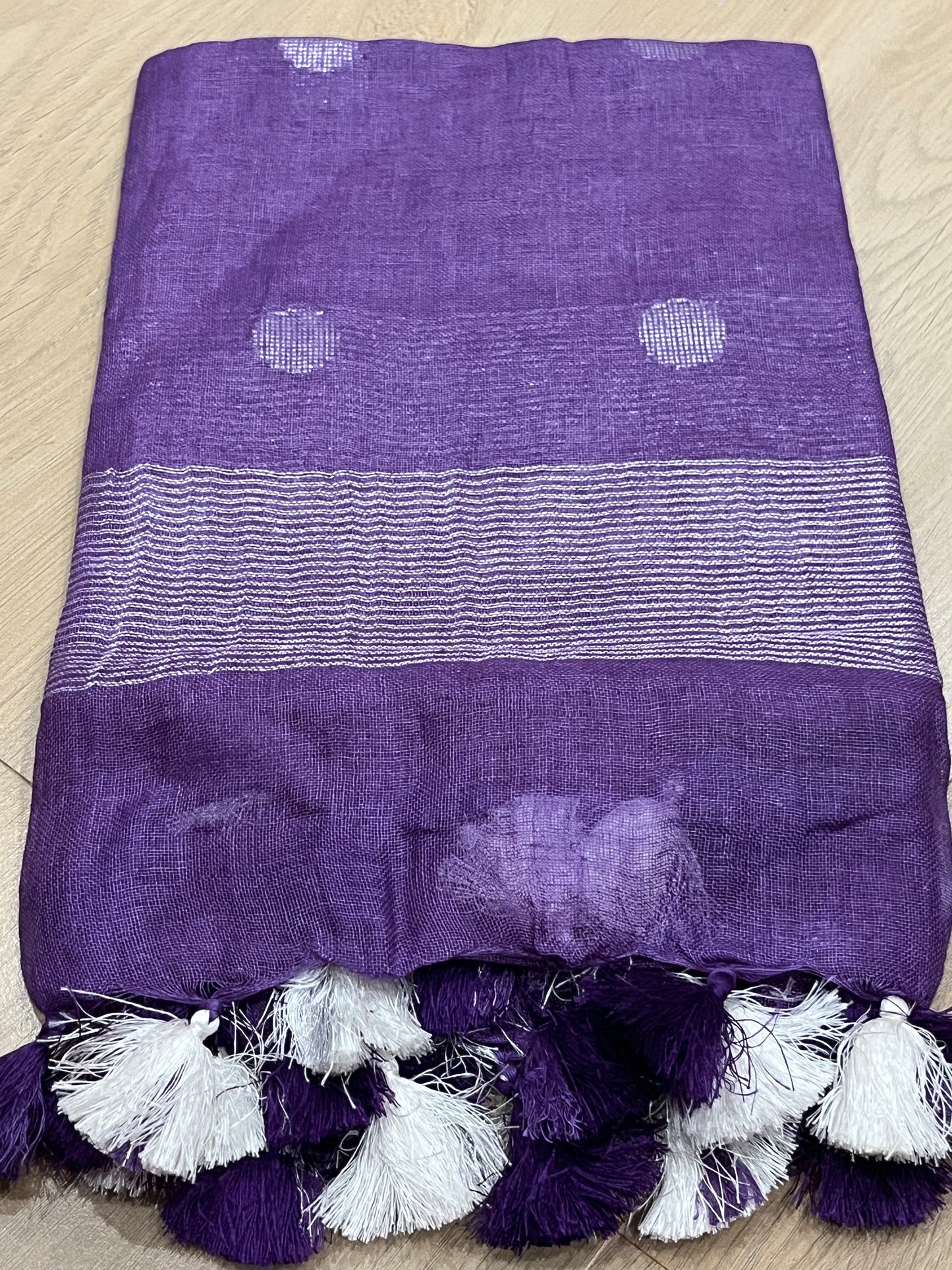 LINEN DUPATTA: Purple Linen Dupatta with zari motif & silver zari border with Tassels | KIHUMS Dupatta