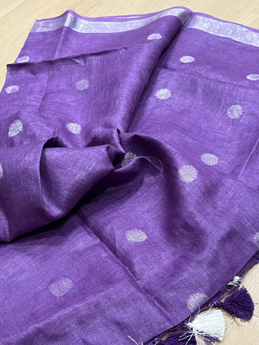 LINEN DUPATTA: Purple Linen Dupatta with zari motif & silver zari border with Tassels | KIHUMS Dupatta