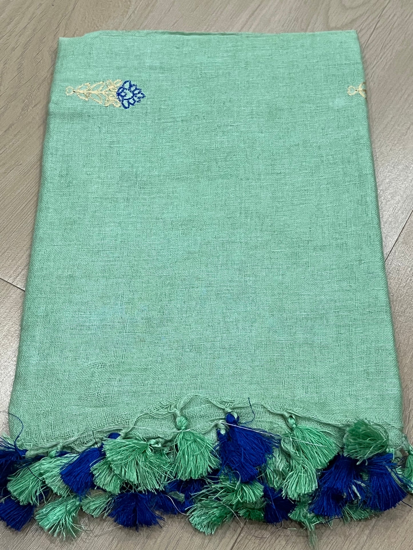 LINEN DUPATTA: Mint Linen Dupatta with embroidered flower with Tassels | KIHUMS Dupatta