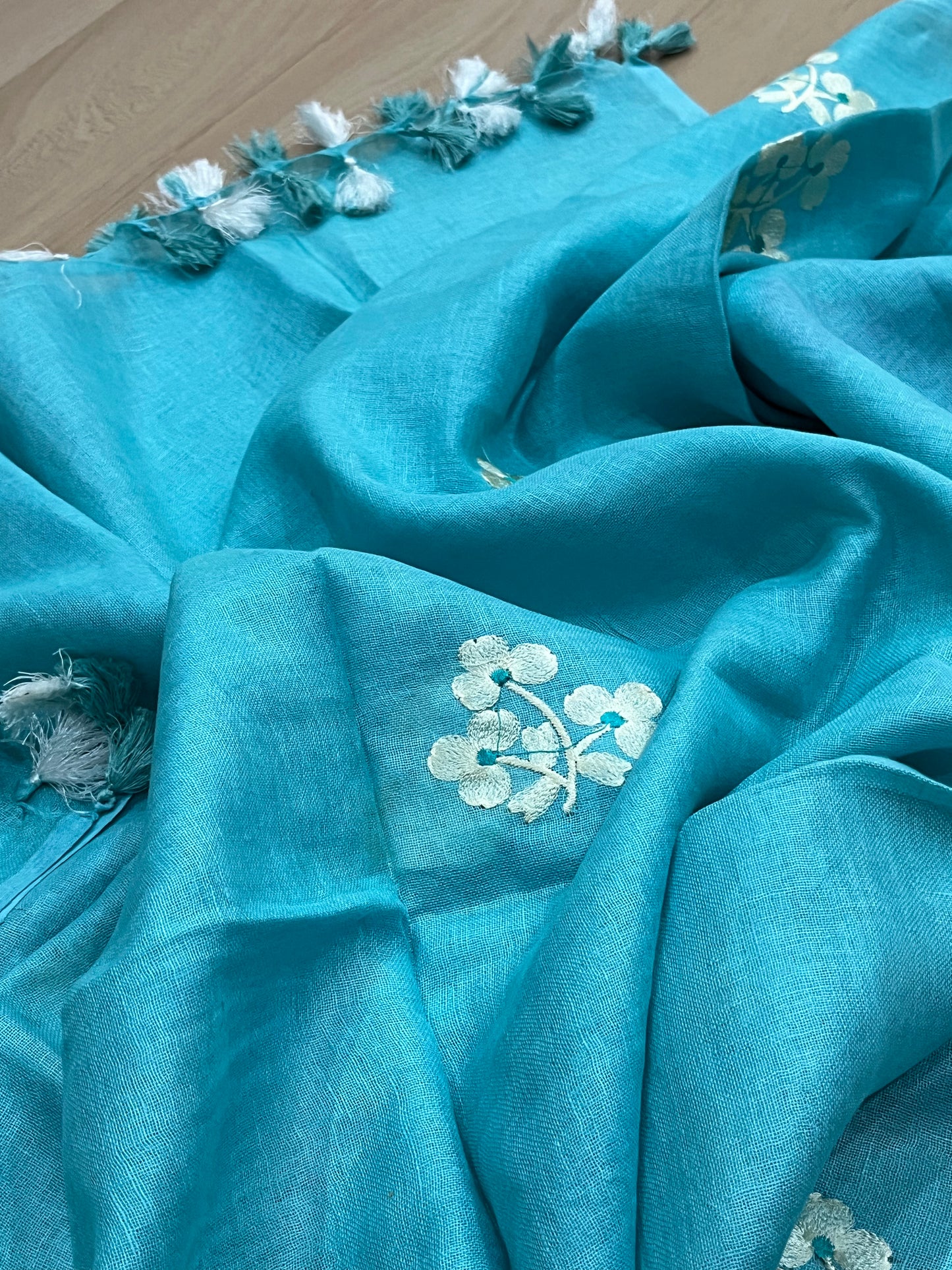 LINEN DUPATTA: Blue Linen Dupatta with embroidered flower with Tassels | KIHUMS Dupatta