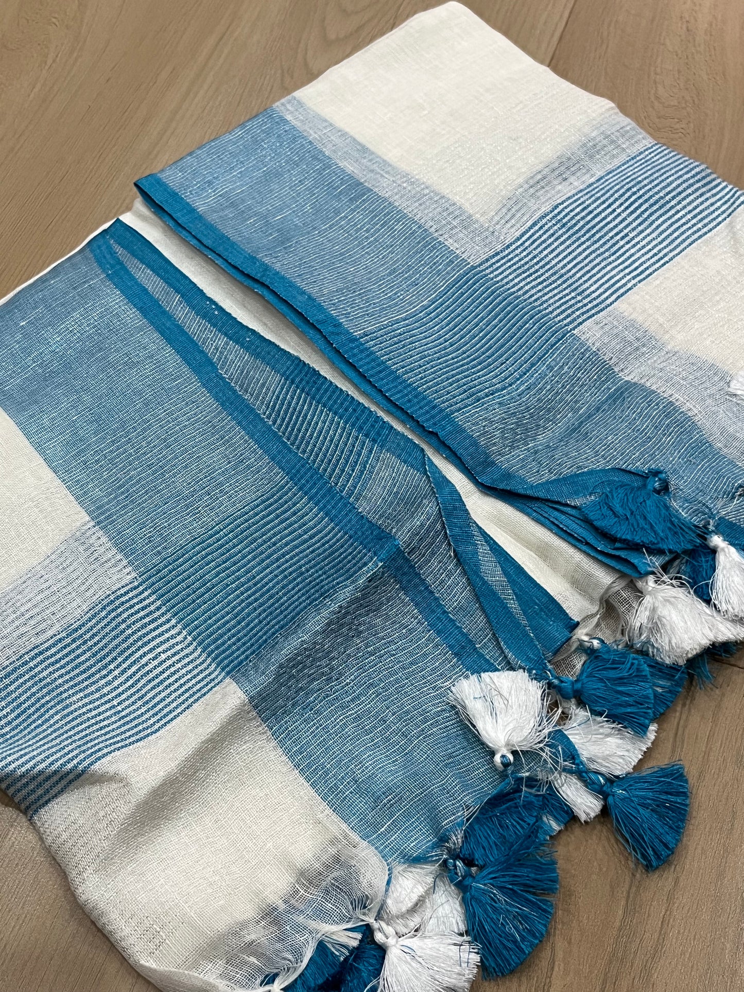 LINEN DUPATTA: White Linen Dupatta with blue silver border with Tassels | KIHUMS Dupatta