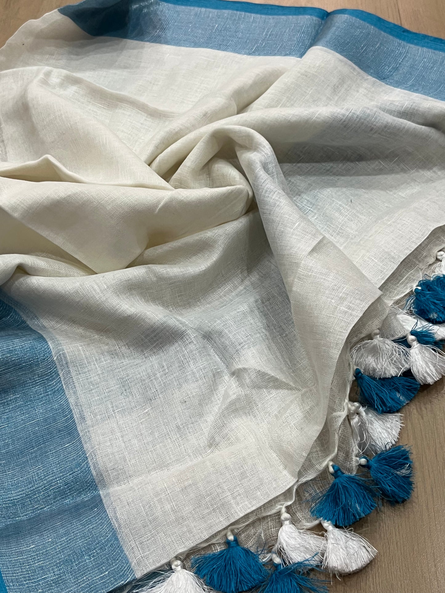 LINEN DUPATTA: White Linen Dupatta with blue silver border with Tassels | KIHUMS Dupatta