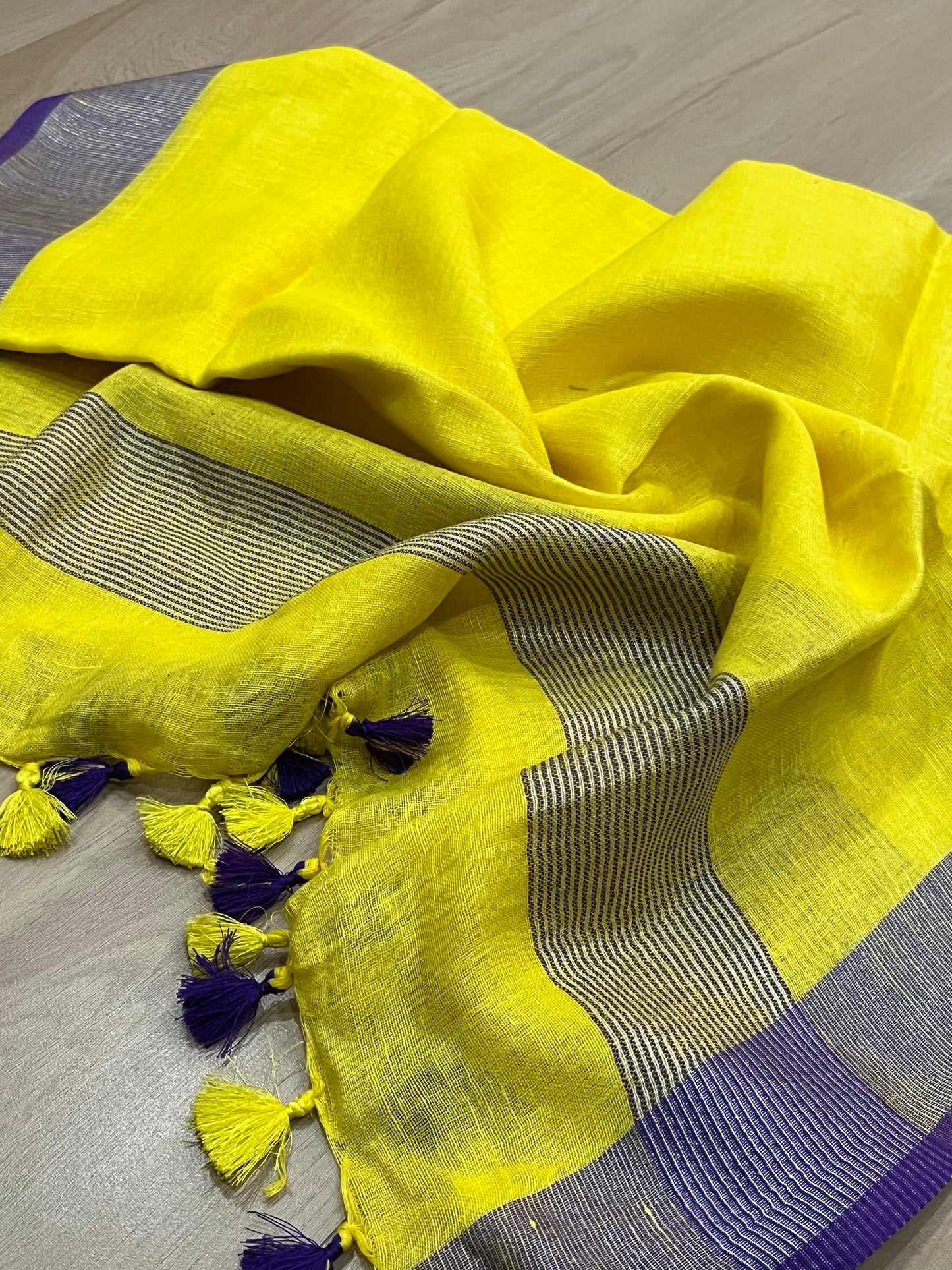 LINEN DUPATTA: Yellow Linen Dupatta with purple silver border with Tassels | KIHUMS Dupatta