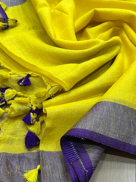 LINEN DUPATTA: Yellow Linen Dupatta with purple silver border with Tassels | KIHUMS Dupatta