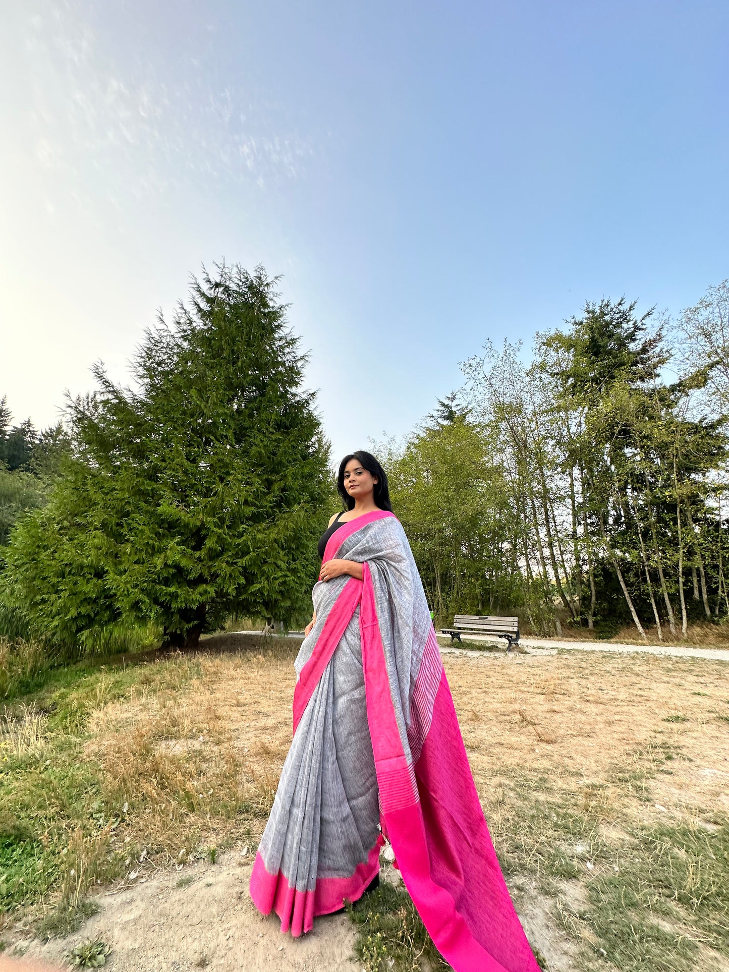 Grey Handwoven organic Linen Saree | Pink border| KIHUMS Saree