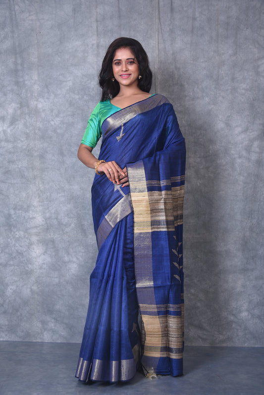 Blue Shade Handwoven Tussar Dupion Raw Silk Saree | KIHUMS Saree