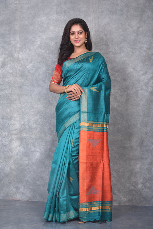 Turquoise Shade Handwoven Tussar Dupion Raw Silk Saree | KIHUMS Saree