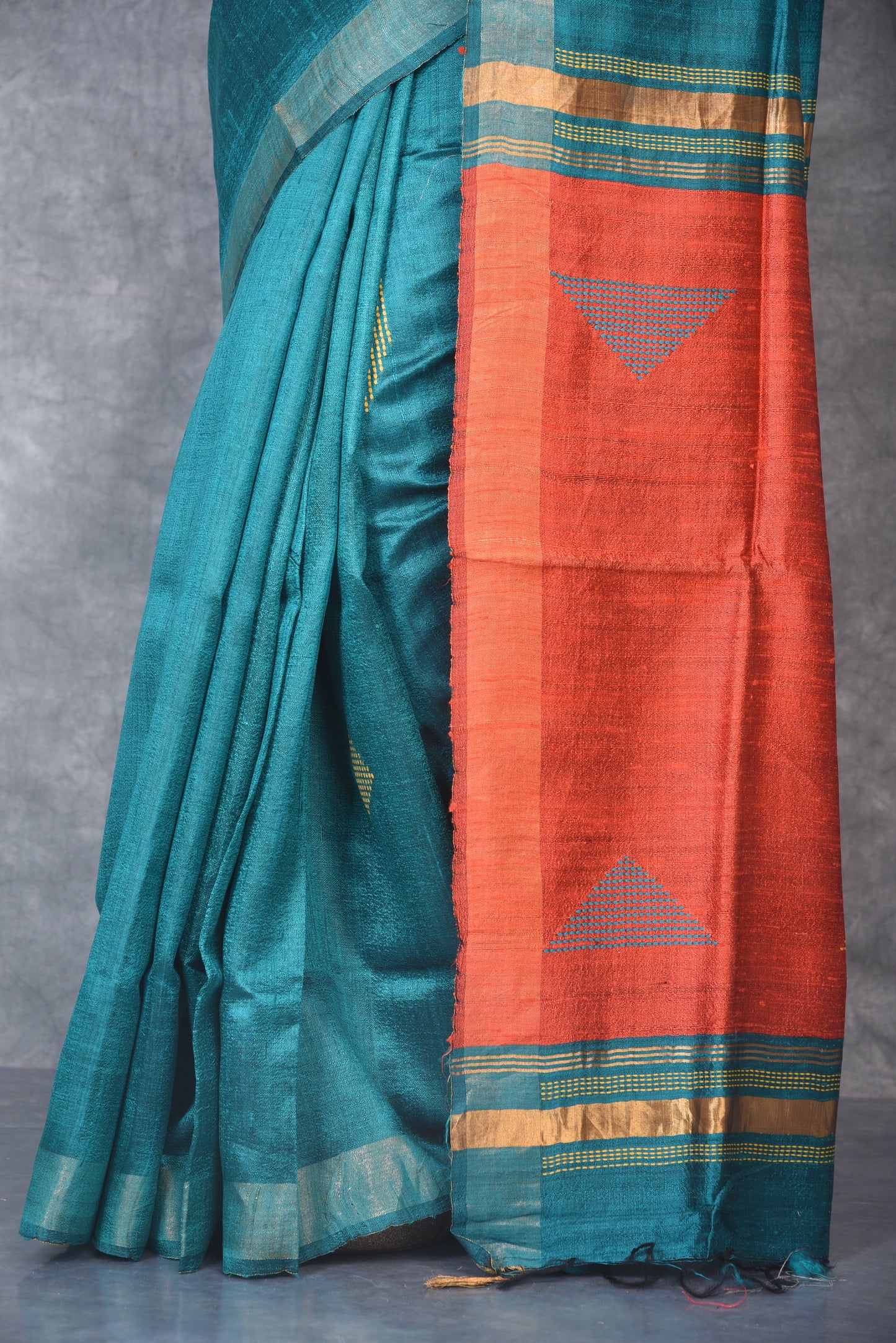 Turquoise Shade Handwoven Tussar Dupion Raw Silk Saree | KIHUMS Saree