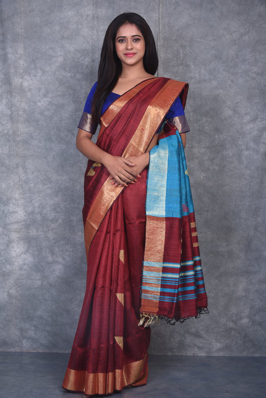 Maroon Shade Handwoven Tussar Dupion Raw Silk Saree | KIHUMS Saree