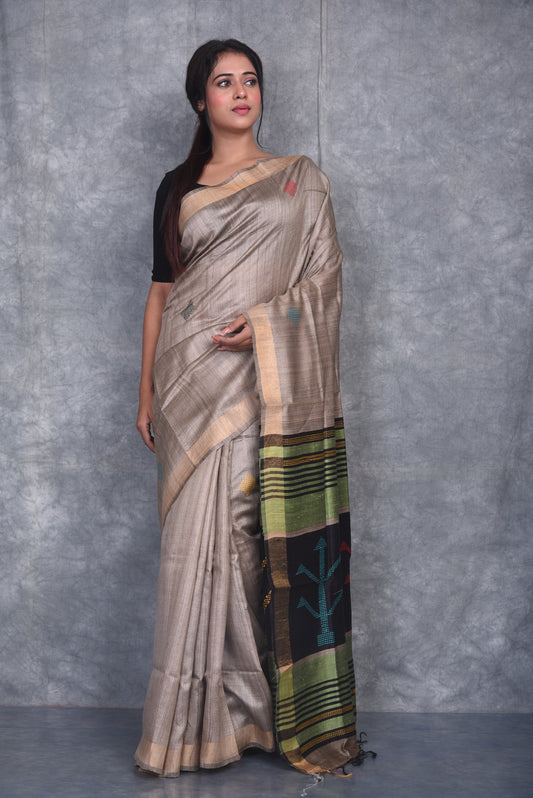 Natural Silk Shade Handwoven Tussar Dupion Raw Silk Saree | KIHUMS Saree