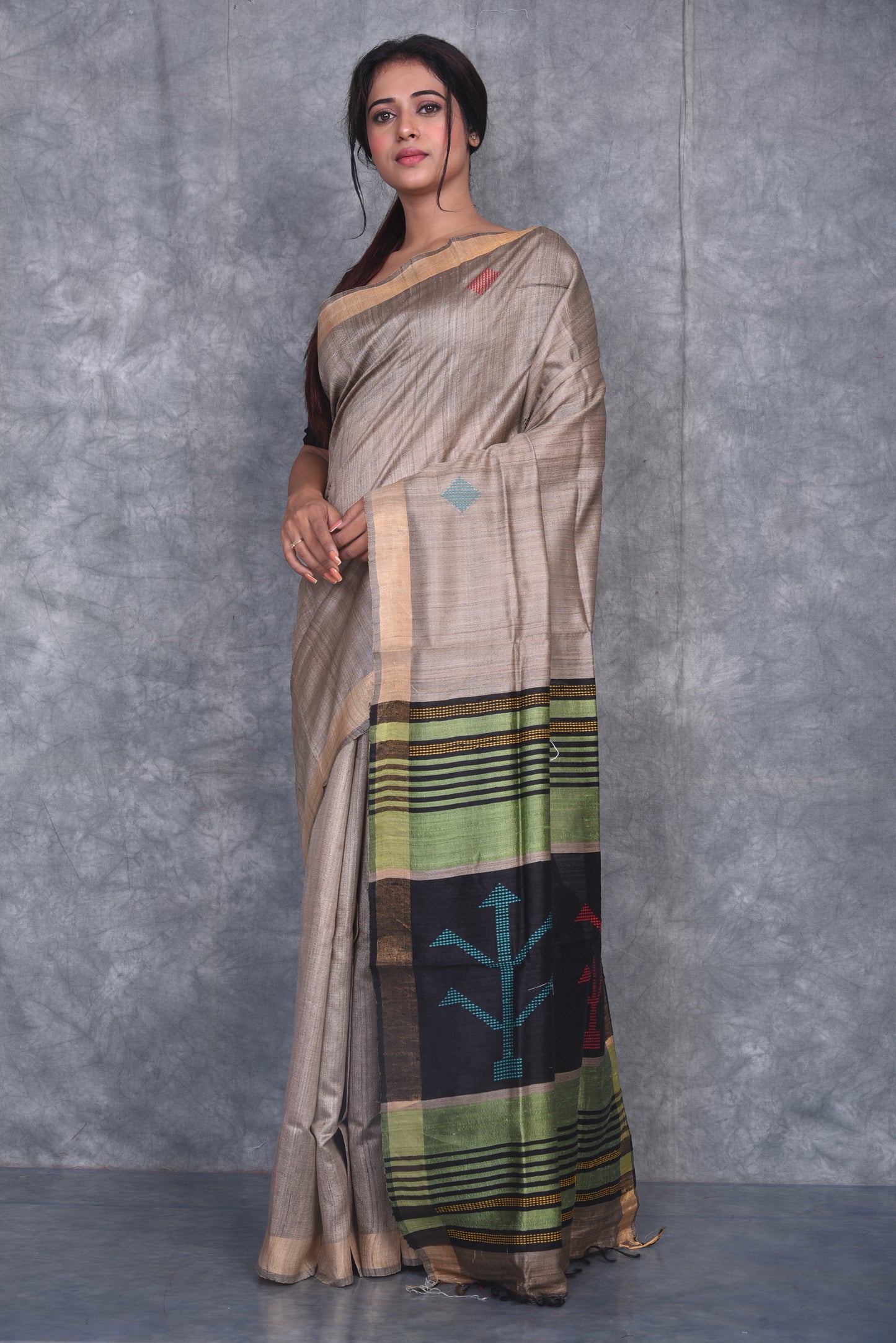 Natural Silk Shade Handwoven Tussar Dupion Raw Silk Saree | KIHUMS Saree