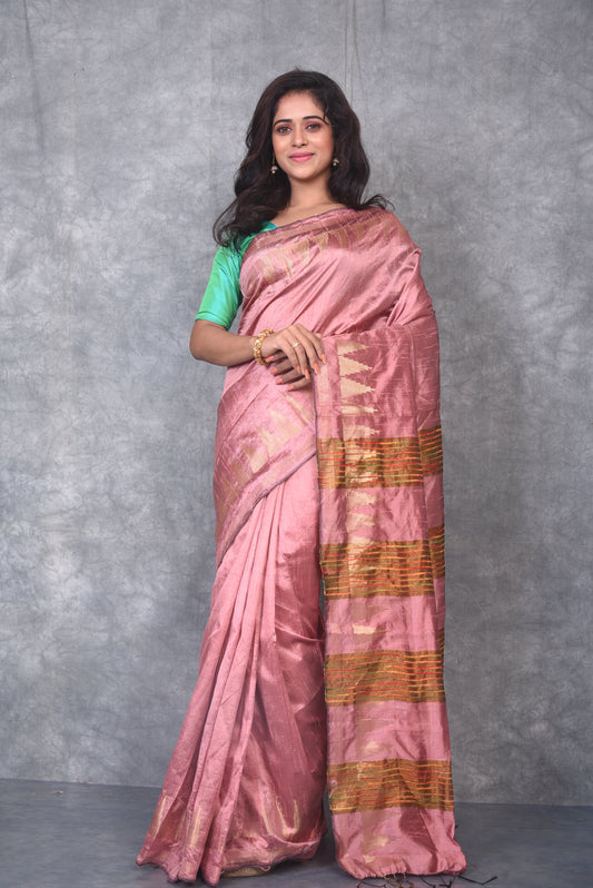 Rose Pink Handwoven Tussar Dupion Raw Silk Saree | KIHUMS Saree