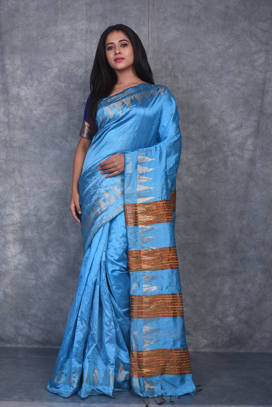 Blue Shade Handwoven Tussar Dupion Raw Silk Saree | KIHUMS Saree