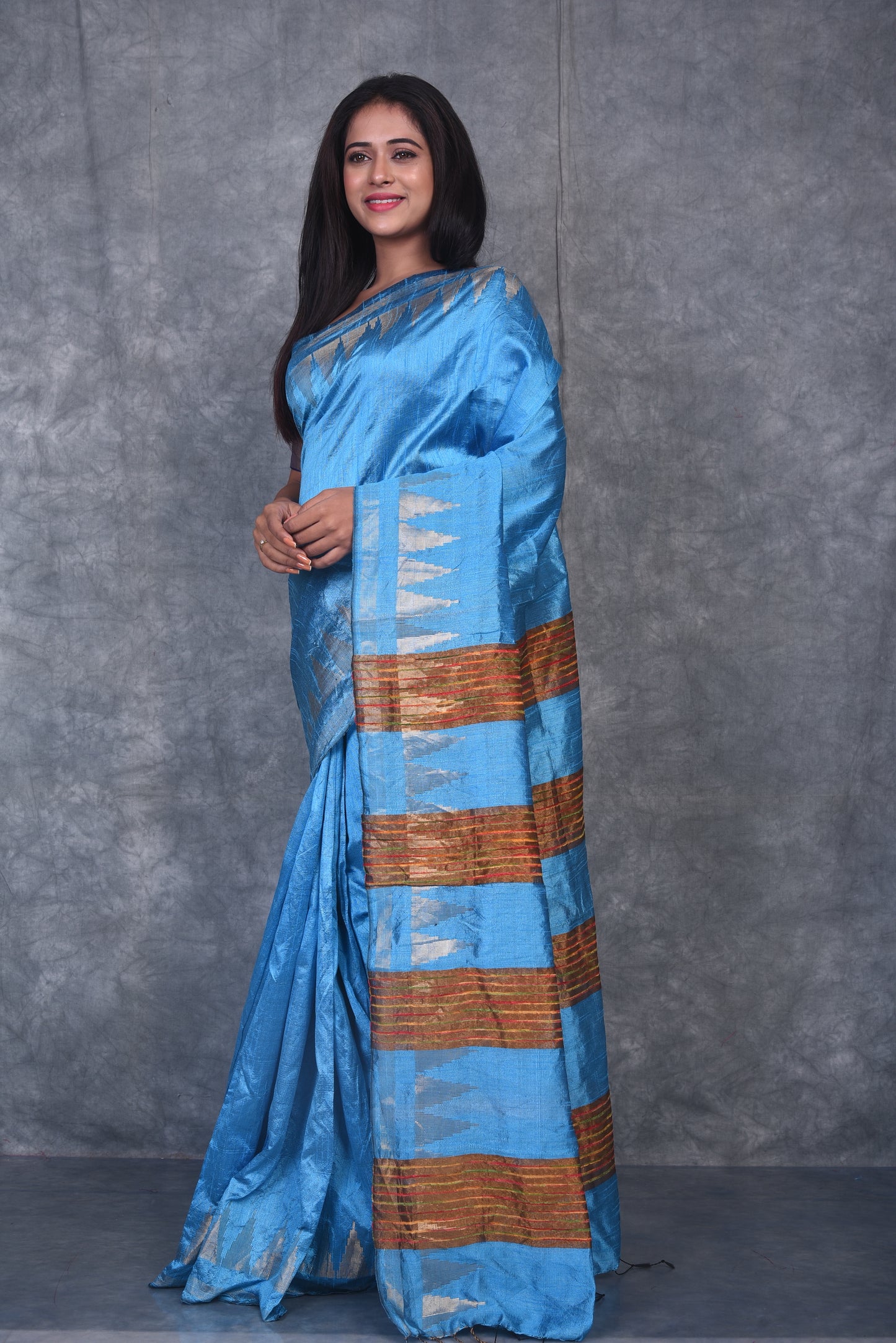 Blue Shade Handwoven Tussar Dupion Raw Silk Saree | KIHUMS Saree