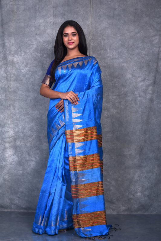 Blue Shade Handwoven Tussar Dupion Raw Silk Saree | KIHUMS Saree