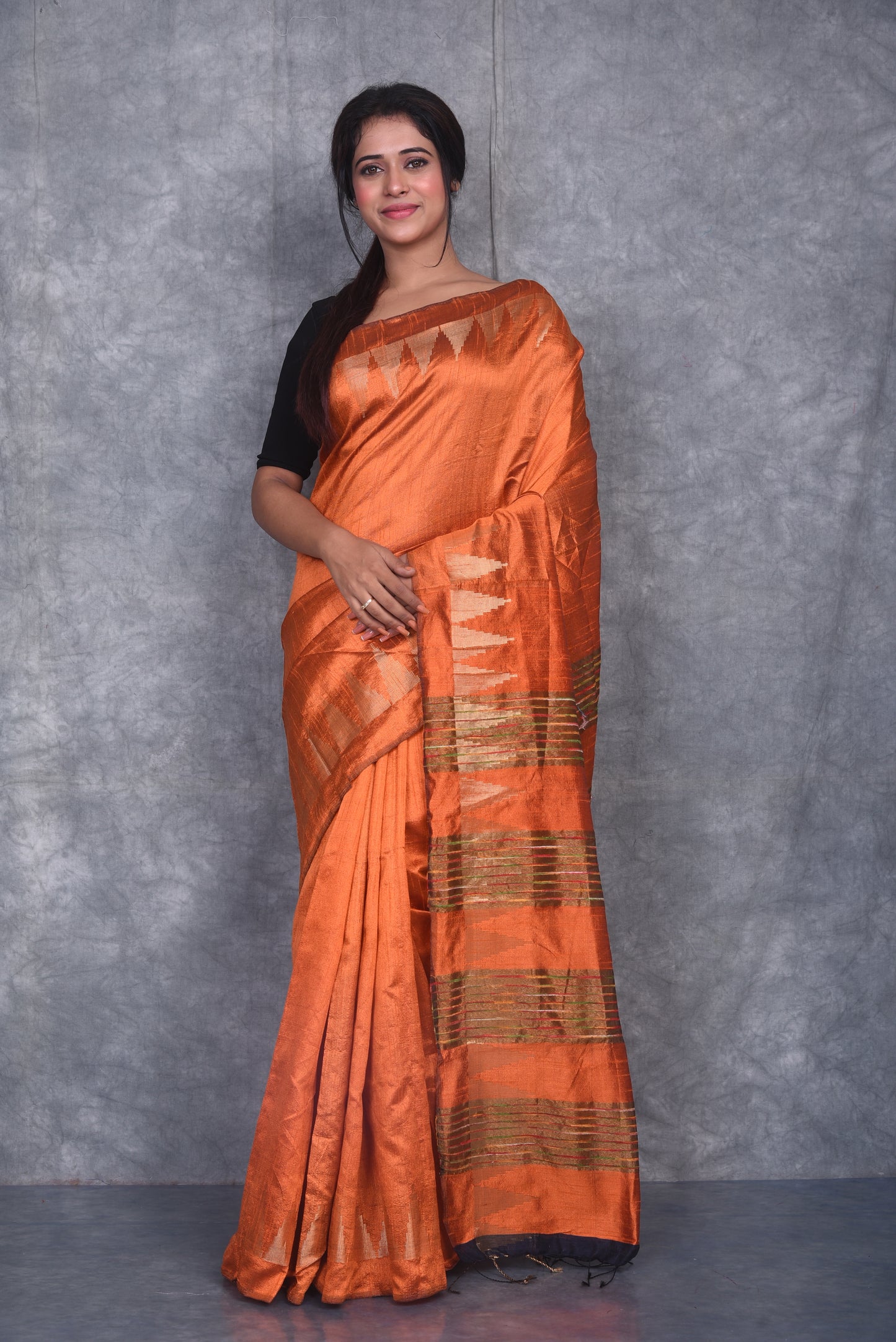 Orange Shade Handwoven Tussar Dupion Raw Silk Saree | KIHUMS Saree