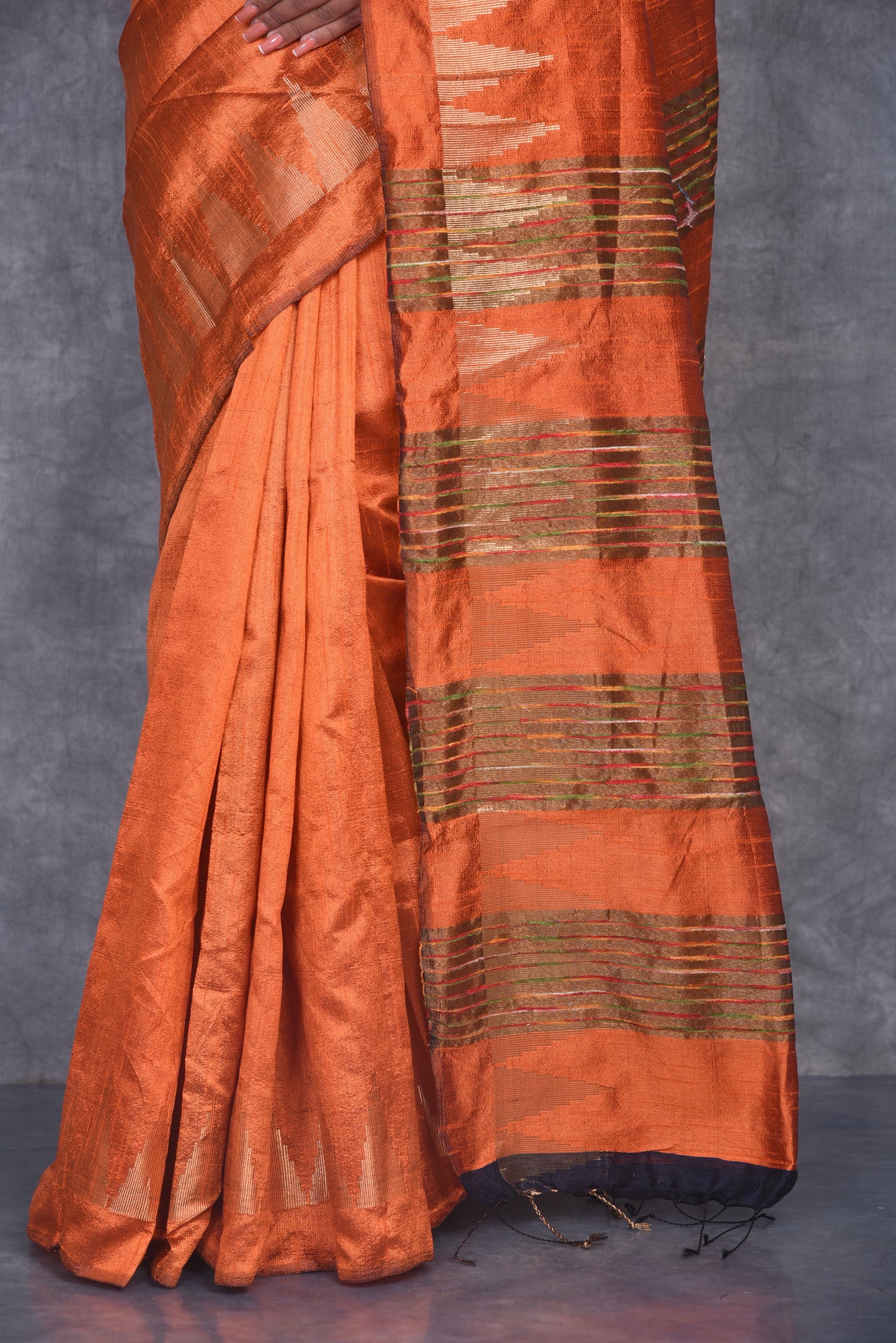 Orange Shade Handwoven Tussar Dupion Raw Silk Saree | KIHUMS Saree