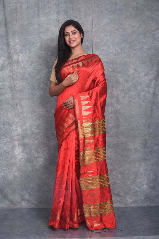 Red Shade Handwoven Tussar Dupion Raw Silk Saree | KIHUMS Saree