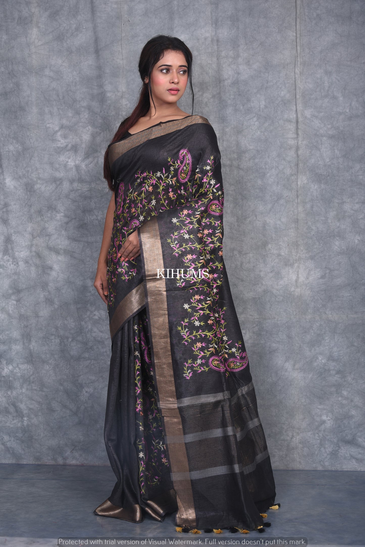 Black Handwoven Linen Saree with Embroidery Work | Gold Zari Border | KIHUMS Saree